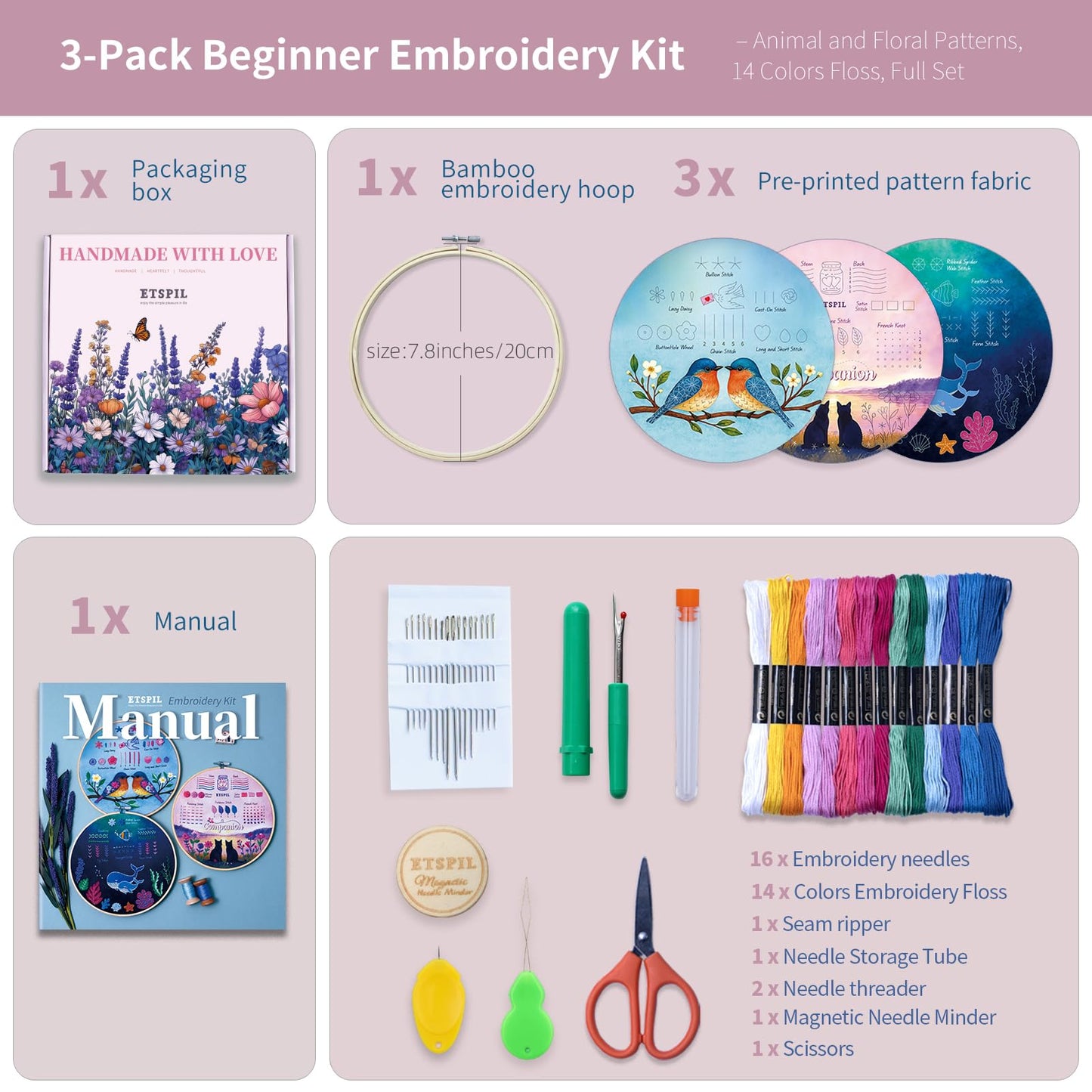 ETSPIL Beginner Embroidery Kit for Adults, 3-Pack Full-Color Stamped Animal Designs, Companionship Theme, Master 19 Stitches with 4K Step-by-Step Videos & Needle Minder, Easy Craft Gift for Teens