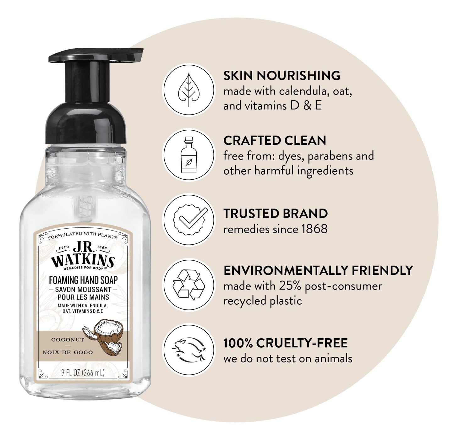 J.R. Watkins Foaming Hand Soap Pump with Dispenser, Moisturizing Hand Soap Foam, Alcohol-Free and Cruelty-Free, Use for Kitchen or Bathroom, Noix De Coco/Coconut, 9 fl oz, 3 Pack