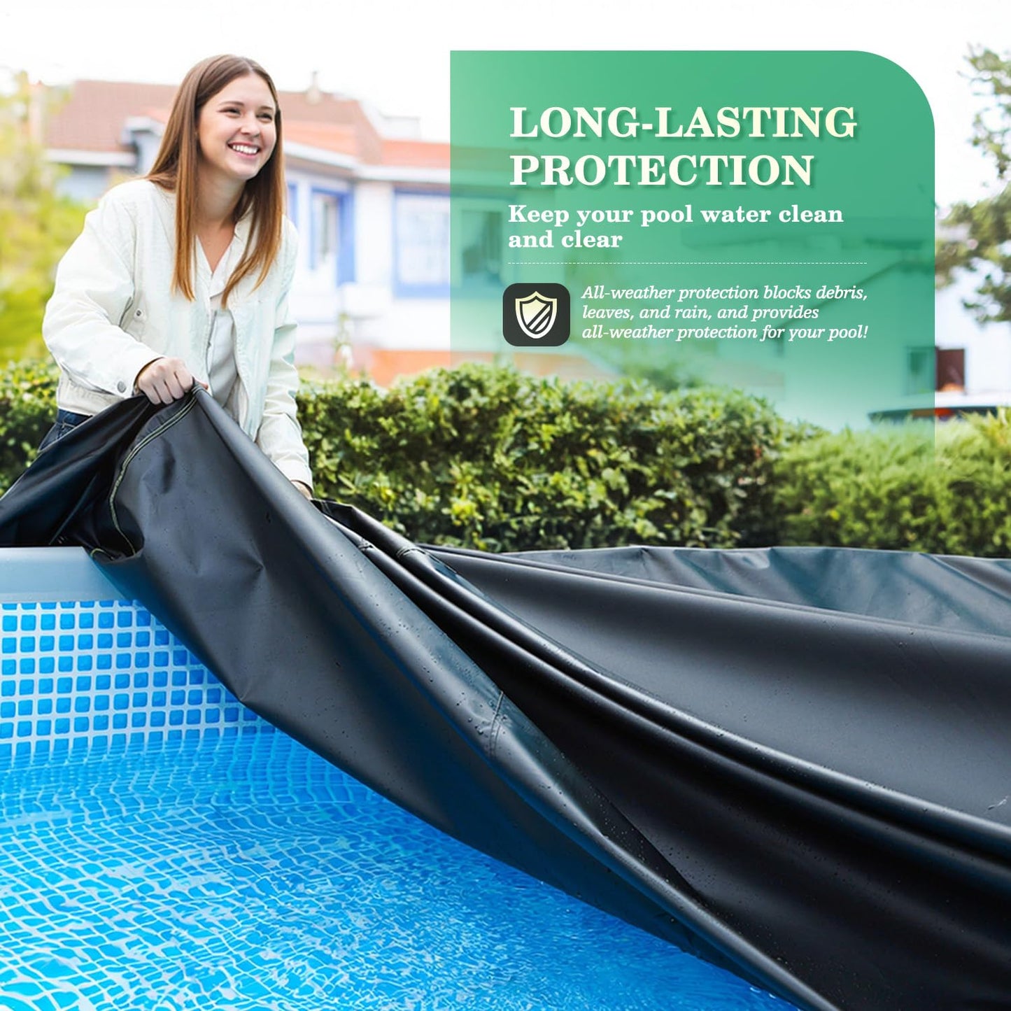 UIRWAY 24 Ft Round Pool Cover with Reflective Strips, Swimming Pool Cover for Above Ground Pools, Solar Cover Including Rope Tie and Luminous Ground Nails, PU Tarp Snug Fit for UV Protected