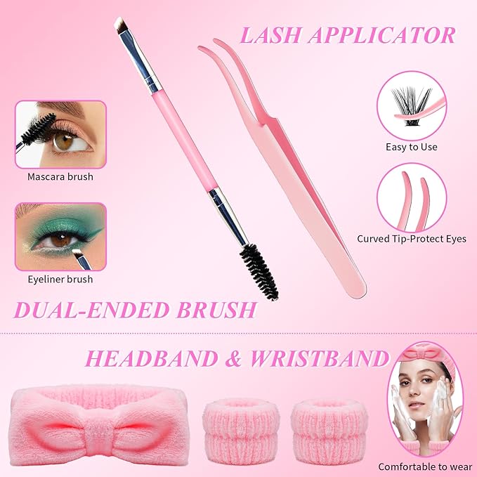 Lash Clusters Kit Eyelash Clusters Kit 3D Effect Cluster Eyelash Extensions Large Pack Cat Eye Lashes Clusters Lash Extension Kit Pestañas Postizas Naturales+Lash Bond&Seal,Remover,Tools(Lash Kit-9)