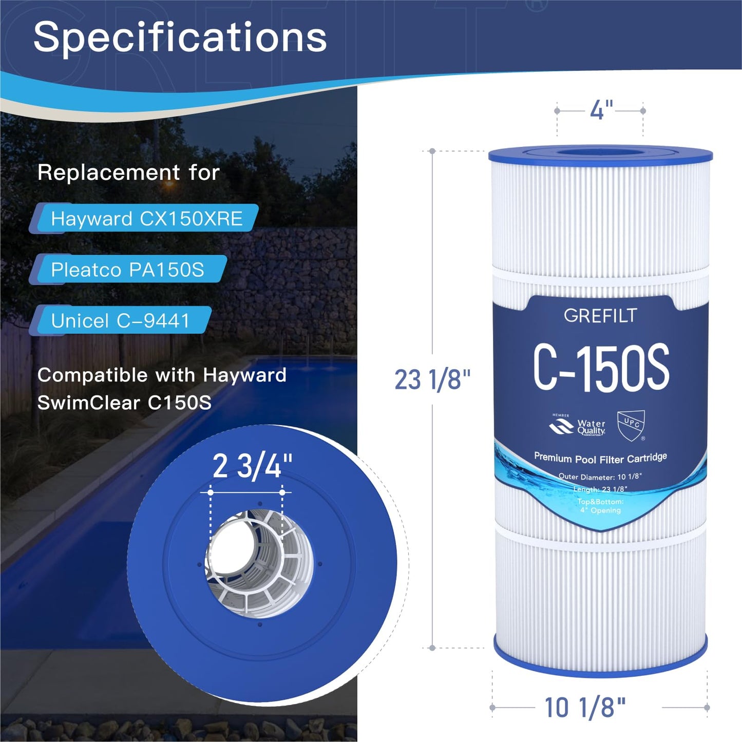 Grefilt C150S Pool Filter Cartridge, Compatible with Hayward CX150XRE, Hayward SwimClear C150S, Replaces Pleatco PA150S, Ultral-D4, 150 sq.ft