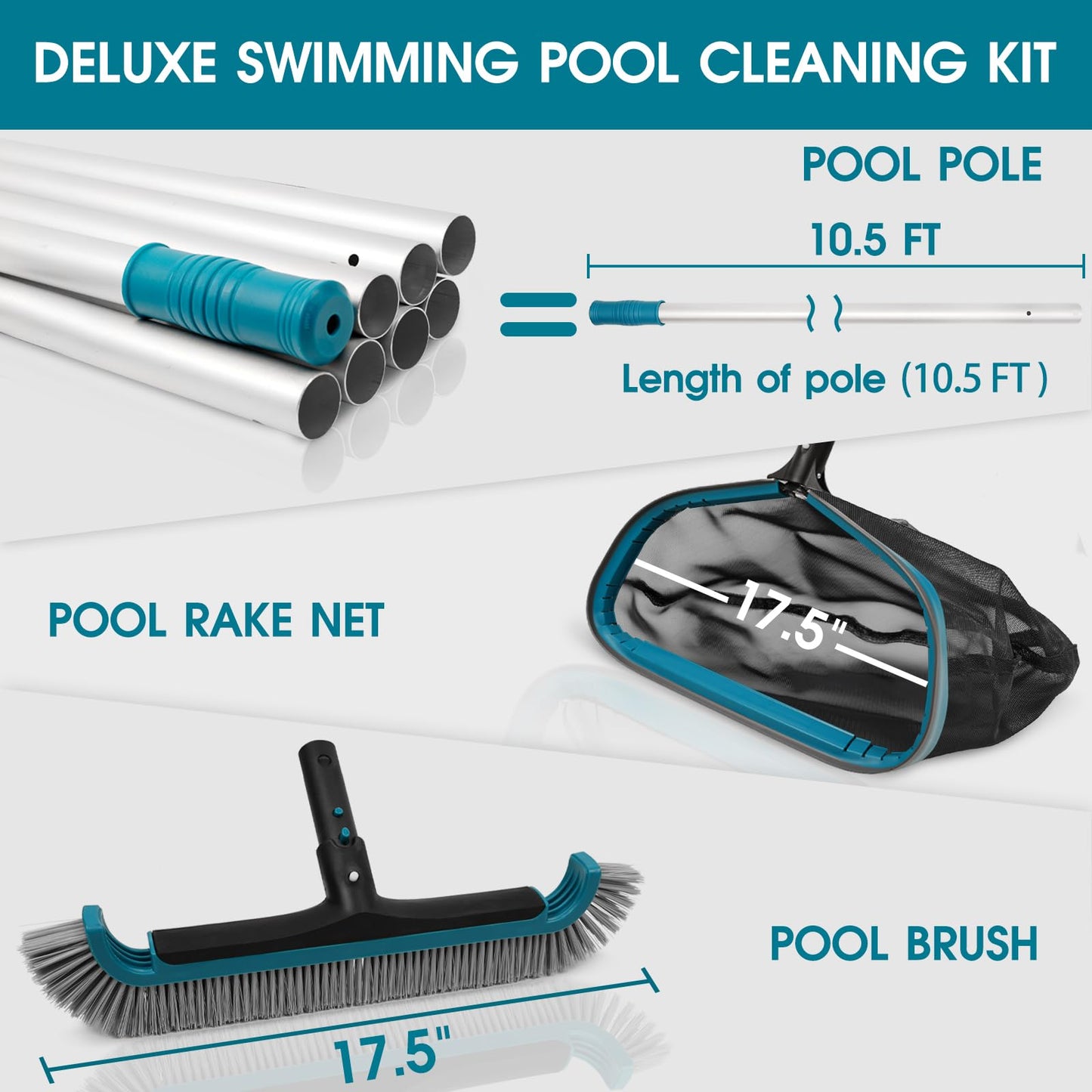 Swimming Pool Cleaning Kit - Aluminum Frame Skimmer Net with 10Ft Adjustable Pole & 17.5” Pool Brush Head, Pools Maintenance Kits for Inground & Above Ground Swimming Pools, Removes Debris