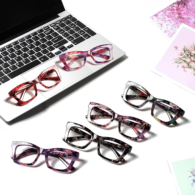 6 Pack Oprah Style Reading Glasses for Women Blue Light Blocking Computer Square Readers with Spring Hinge (Mix Color-7, 1.5, x)