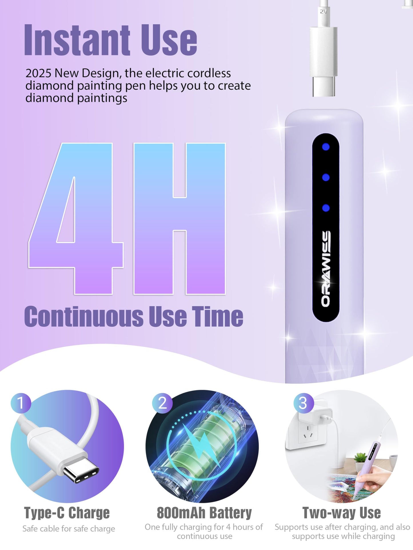 Electric Diamond Painting Pen, Vacuum Diamond Art Pen no Wax Needed | Cordless & Quiet | Rechargeable Battery | Lightweight | Diamond Art Accessories for Adults | Gift for Gem Dimond Art Fans - purple