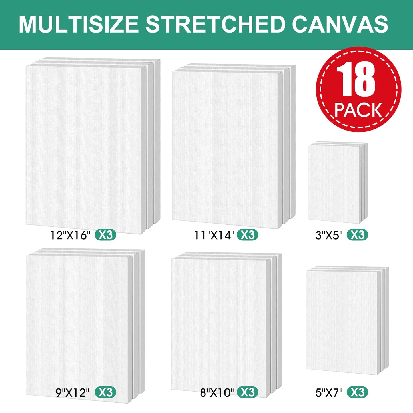 ESRICH Stretched Canvas for Painting,18 Multi Pack Blank Canvases for Painting 12x16, 11x14, 9x12, 8x10, 5x7, 3x5, Cotton Primed Painting Canvas for Oil, Acrylic Paint, for Beginners, Artists.