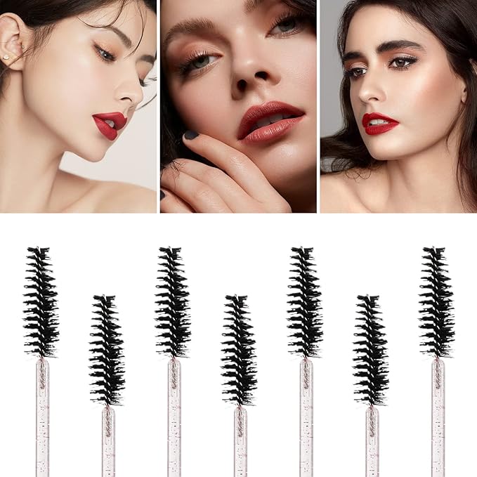 100 Pcs Disposable Mascara Wands, Crystal Eyebrow Spoolies Brush for Eyelash Extensions, Lash Brushes with Container (Black, Pink)