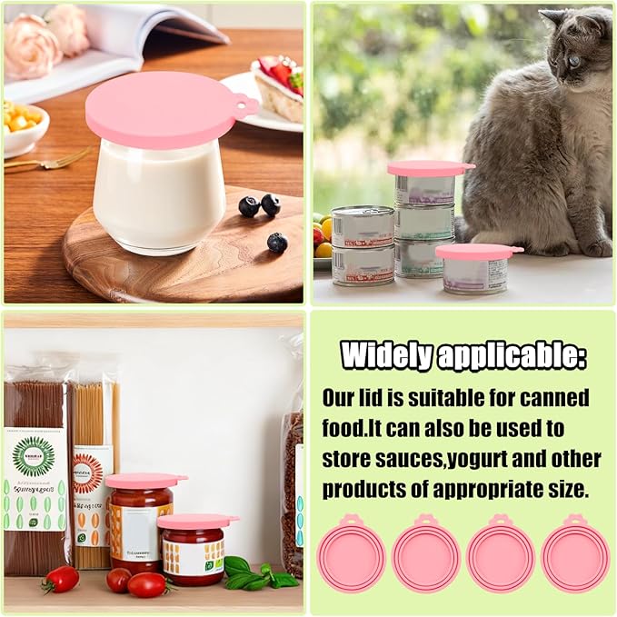 PINE & LINEN 4 Pcs Durable Pet Can Lids,One fit 3 Standard Size Silicone Waterproof Cat Food Cans Lids for 3oz/5.5oz/12.5oz/13.2oz Cat Food Cans( Pink)