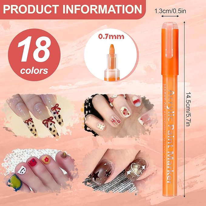 18 Color Nail Art Pens for Painting Nails, 0.7 MM Nail Polish Pens Set Drawing Point Liner Acrylic Painted Pen Kit, Waterproof Quick-drying Nail for DIY Design Manicure Tools