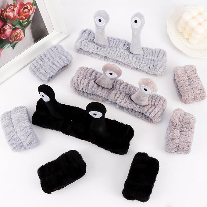 Snail Spa Headband and Wristband Set Skincare Makeup Headband for Washing Face Cute Animal Spa Head Band for Women Girls Black Khaki Grey