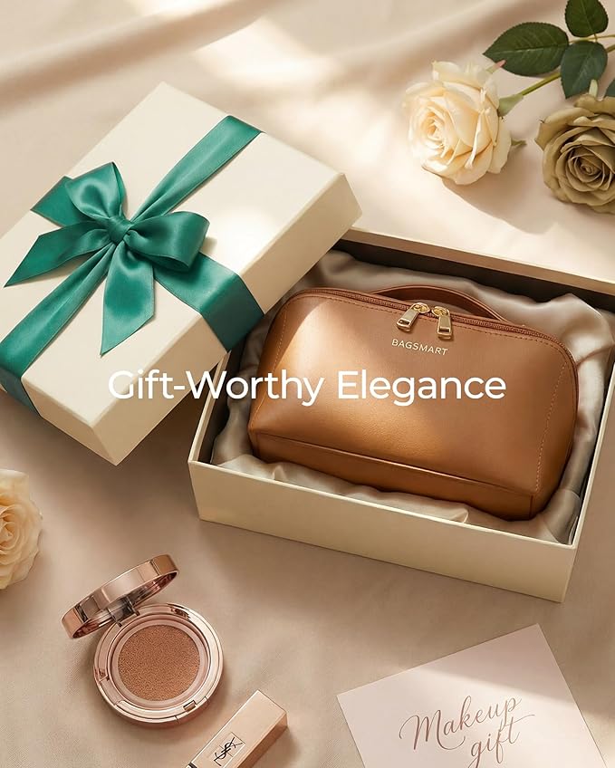 BAGSMART Makeup Bag Travel Cosmetic Bag, Large Make Up Bag Flat Open Toiletry Bag for Women, PU Leather Travel Essentials Organizer Case, Wide-open Pouch Purse for Skincare, Brushes, Nude Pink