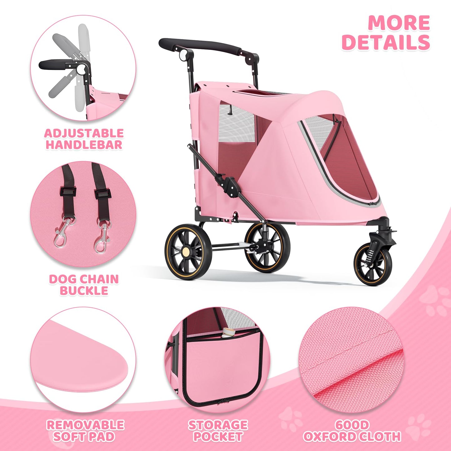 Magshion Pet Stroller for Medium Dogs w/Adjustable Handle, 3-Wheel Dog Cat Wagon w/Dual Entry, Rear Storage, Breathable Mesh, One-Foot Brake, Ideal for Large Pets up to 55 lbs, Pink