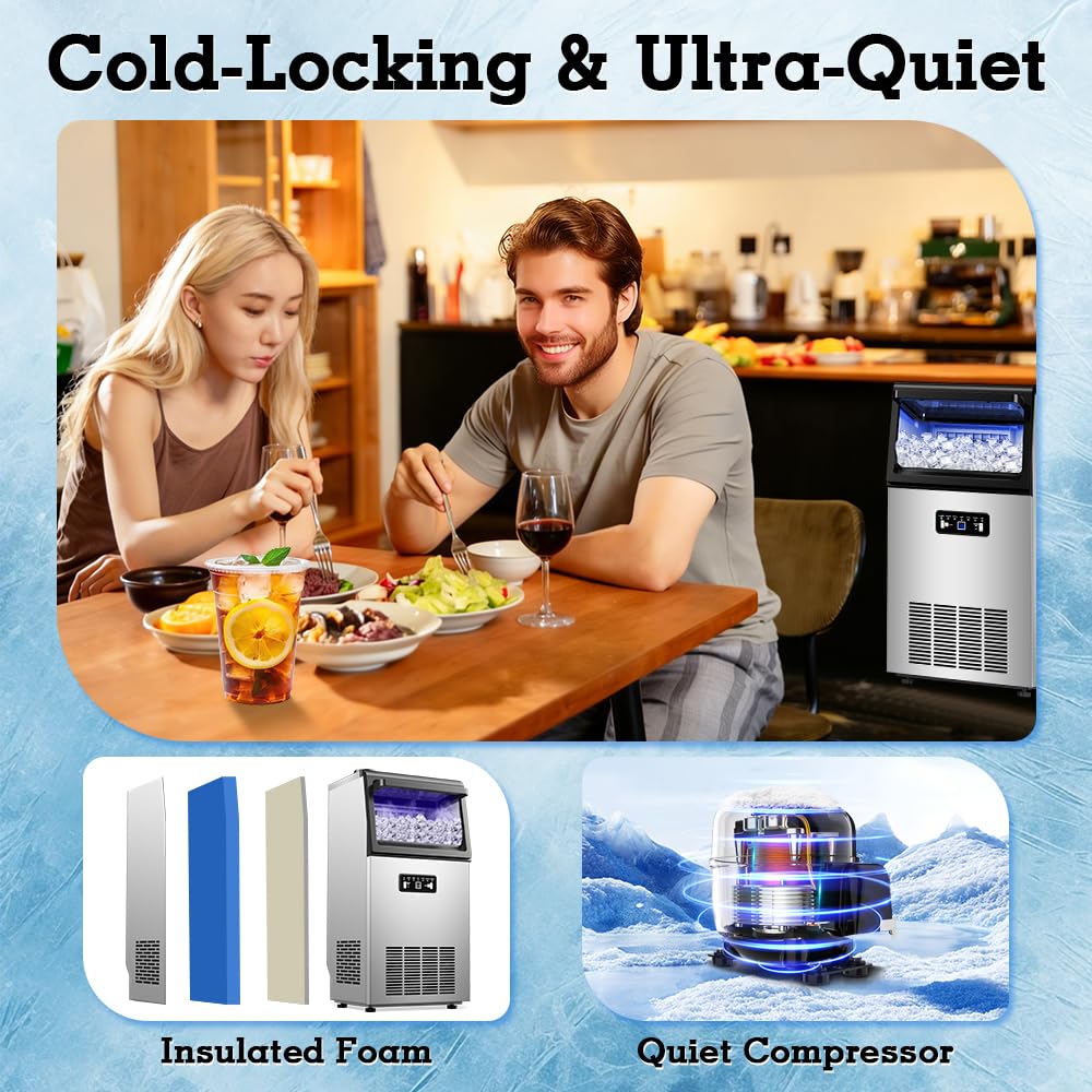 Bibrsa Commercial Ice Maker 120LBS/24H, Dual Water Inlet, Under Counter Ice Maker with 22LBS Storage Capacity, 45 Cubes, Stainless Steel Ice Machine, for School, Home, Restaurant, Bar, RV