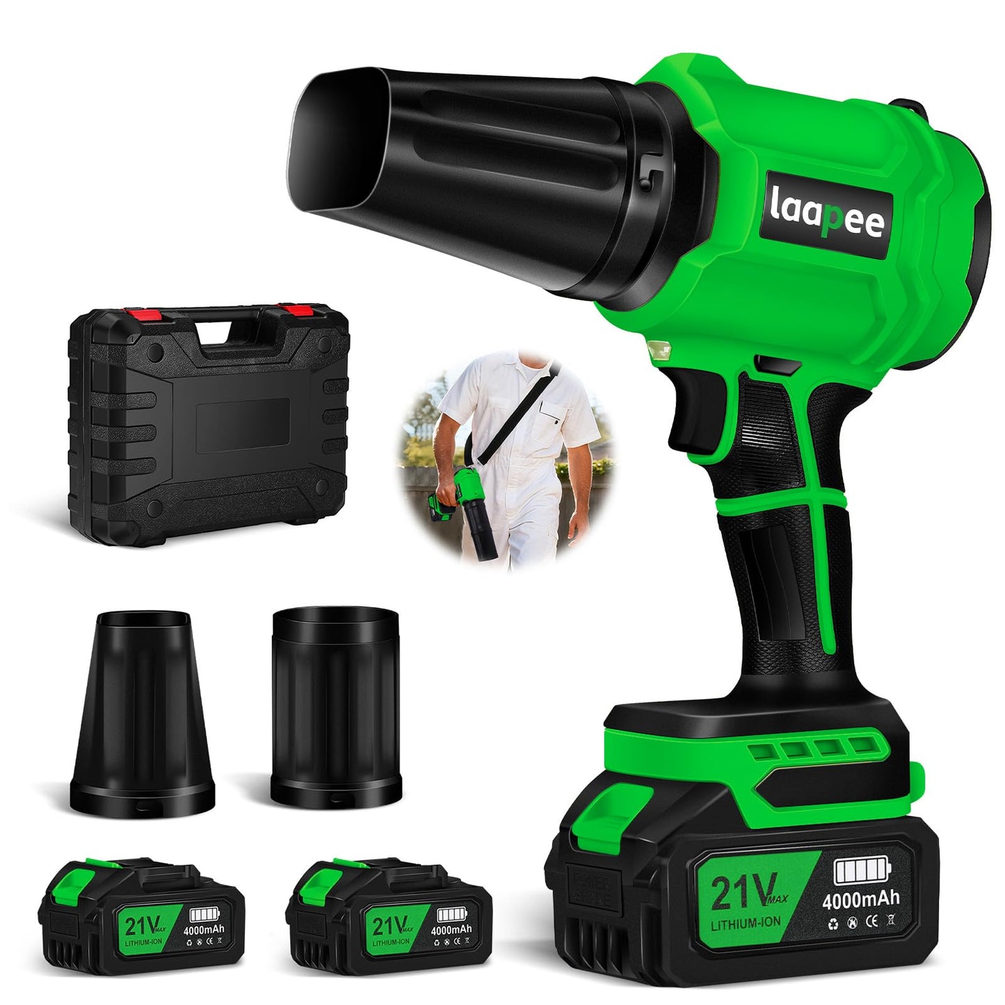 Leaf Blower Cordless,Battery Powered 800,000 RPM Electric Leaf Blower with 2 x 4.0Ah Battery and Charger Handheld Blowers for Lawn Care,Dust,Snow,Car Blowing Water with 2 Extended Nozzle,Dark Green