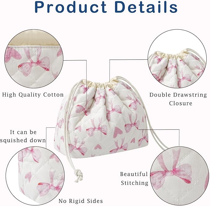 Cotton Quilted Drawstring Makeup Bag with Canvas Lining,Coquette Aesthetic Cute Travel Toiletry Bag,Drawstring Gift Bag for Women and Girls(14Heart Bow)