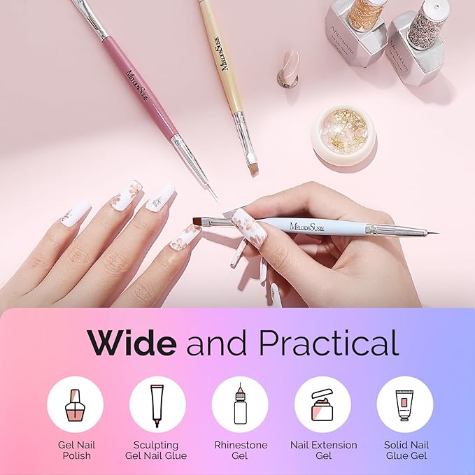 MelodySusie 2-in-1 Nail Art Brushes Set,3pcs Nail Art Design Pen Painting Tools with Flat Brush Oval Brush French Brush Liner Brushes for Home DIY Salon Use