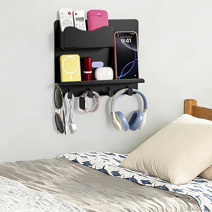 Floating Shelves for Bedside Shelf Accessories Organizer, Wall Mount Self Stick On, Cute Room Decor Aesthetic, Girls Room Decor, Cool Stuff for Bedroom Storage and Organization Black