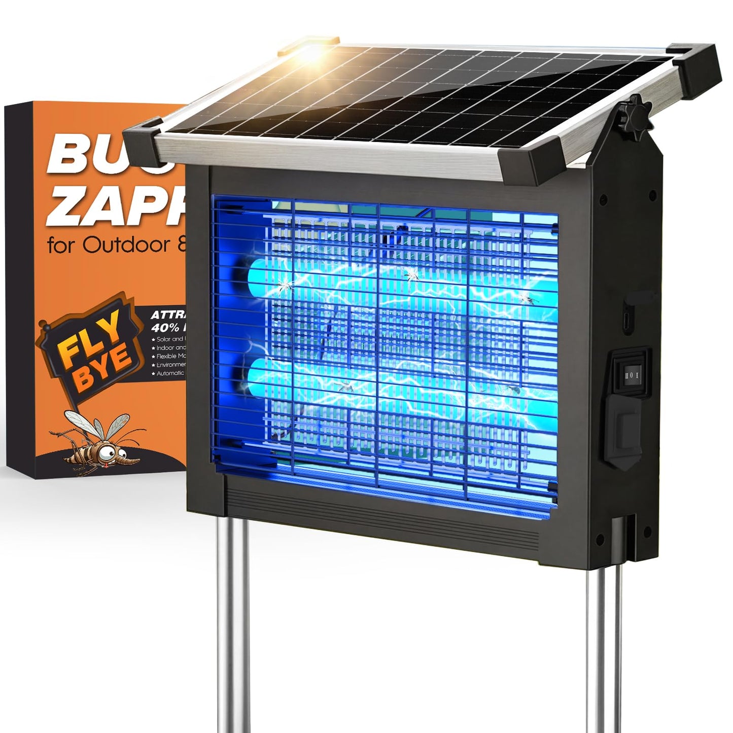 Solar Bug Zapper Outdoor, 4500V Waterproof Mosquito Zapper with 10W Solar Panel, Cordless Rechargeable Electric Fly Zapper, Mosquito Killer Lamp with Auto Sensor for Patio, Backyard, Garden, Camping