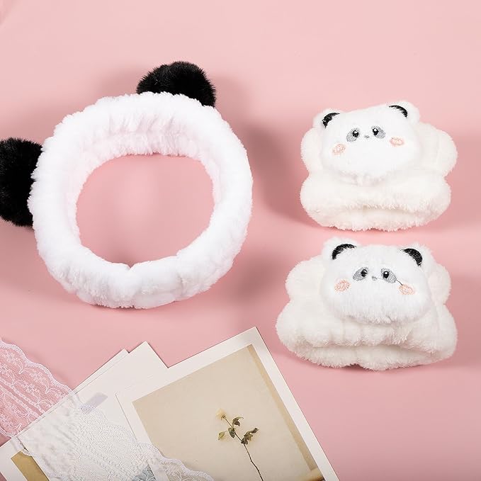 Pom Pom Panda Ears Plush Wash Face Headband Spa Wrist Band Cuffs Hair Scrunchy Women Girls Facial Makeup Skincare Bath Head Wrap Kids Costume Party Supply Birthday Gift