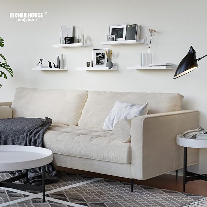 RICHER HOUSE 5 Set White Floating Shelves, Wall Mounted Shelves for Wall Decor, Modern Picture Ledge Shelf with Lip for Storage Nursery, Bedroom, Living Room, Bathroom - White