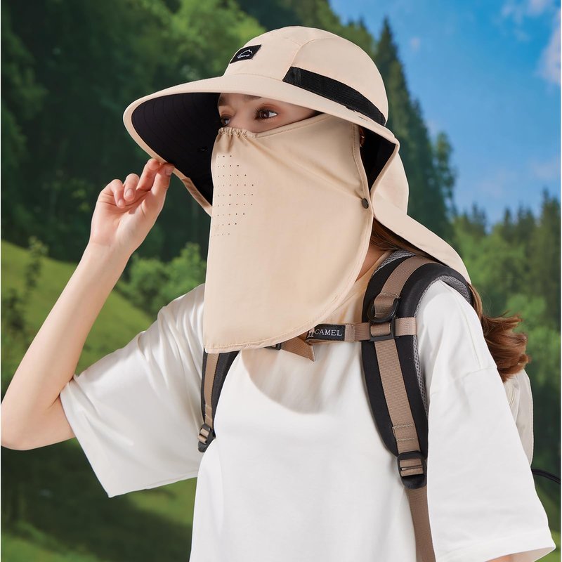 Rosoz Outdoor Sun Hat for Men Women, UPF50+ Protection Safari Cap Wide Brim Mesh Fishing Hat with Neck Flap Beach Garden