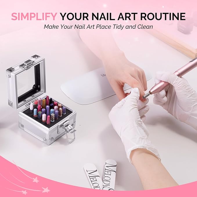 MelodySusie Nail Drill Bits Holder, 25 Holes Case, Portable Dustproof Displayer Organizer Container, Nail Tech Professional Nail Art Tool, Travel Salon Home, Silver (Drill Bits Not Included)