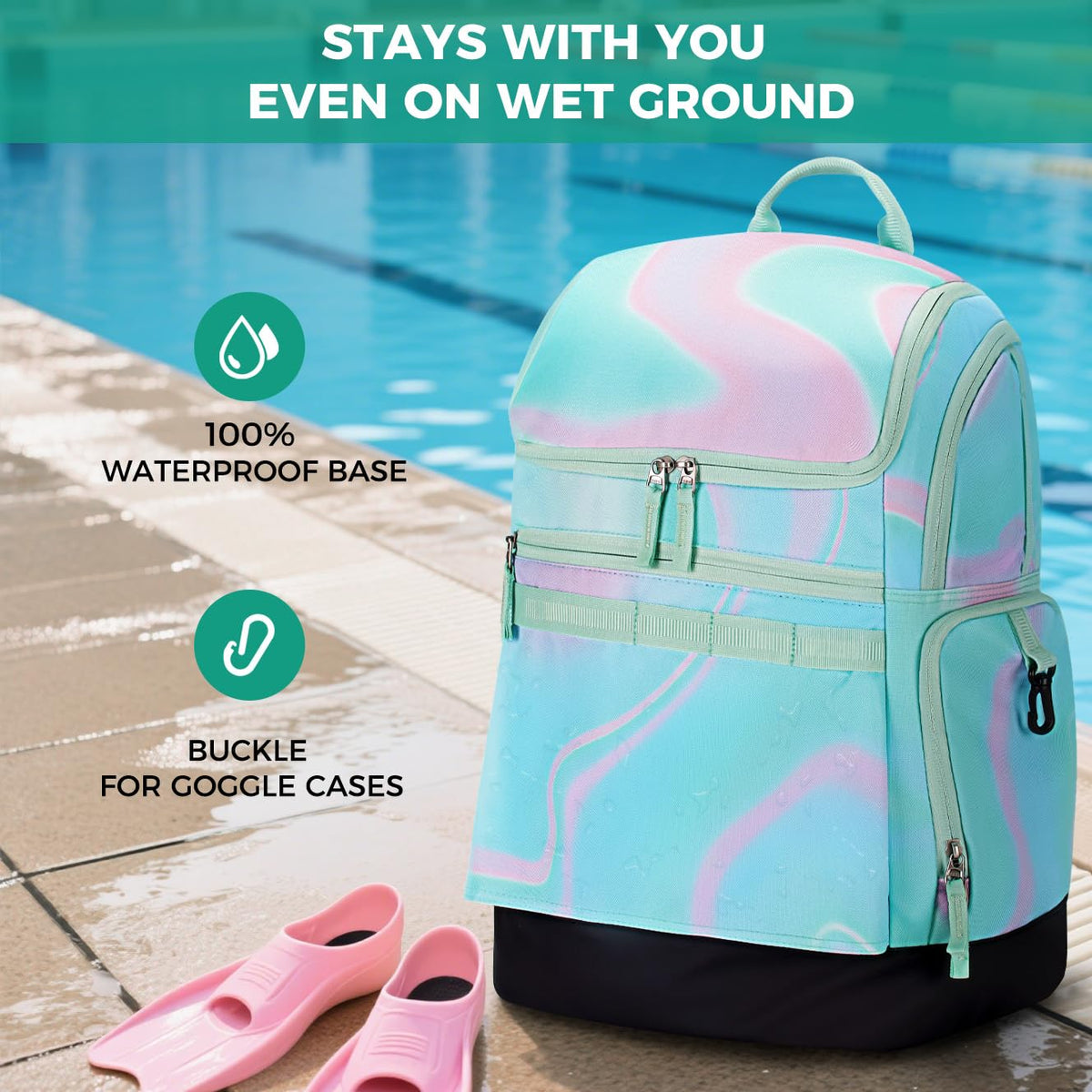 Choco Mocha Swim Bag for Kids Swim Bag for Swimmers, 35L Waterproof Girls Swims Backpack with Wet Dry Compartments, Organized Pool & Beach Bags, Fluids Teal