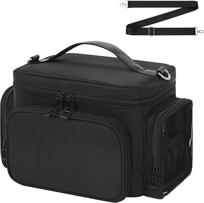 Bagmoly Makeup Bag, Portable Large Travel Makeup Bag Organizer for Women Girls with Makeup Brush Compartment, Cosmetic Travel Bag Vertical Storage Toiletry Bag - Black with Shoulder Strap