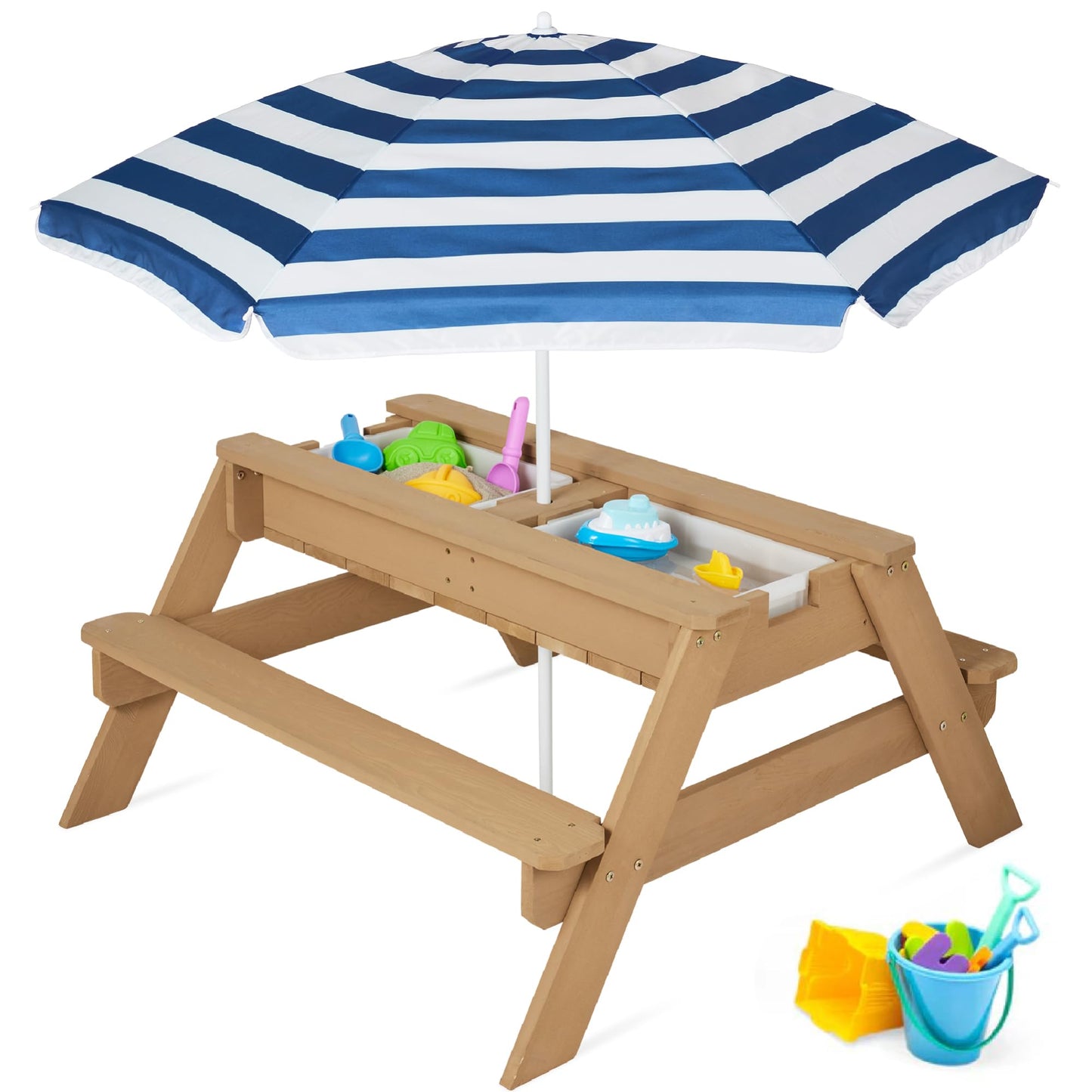 Best Choice Products Kids Picnic Table with Umbrella, 3-in-1 Sand & Water Table, Outdoor Convertible Picnic Table for Toddlers, Seats 4, Removable Top, 2 Buckets - Navy
