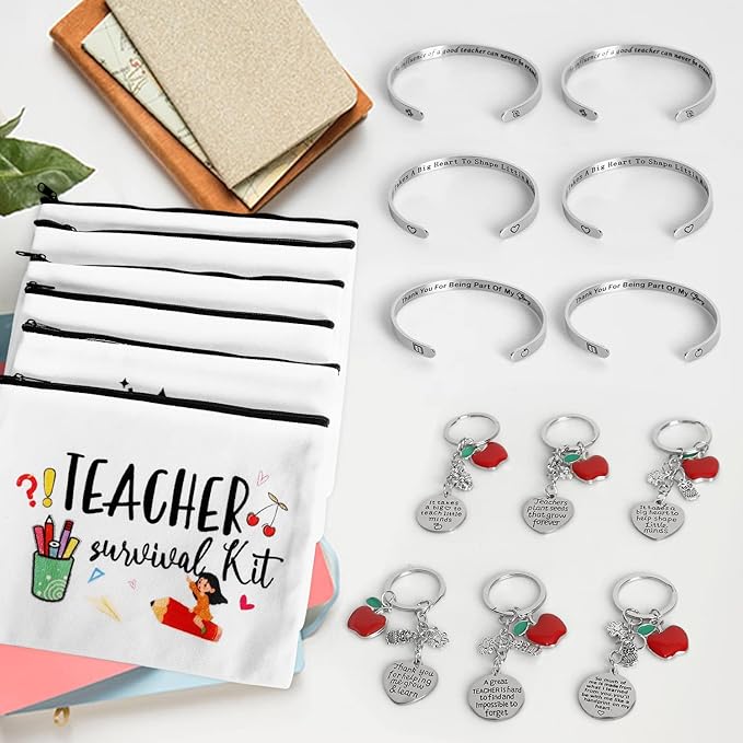 UAREHIBY 18 PCS Teacher Appreciation Gifts in Bulk,6 Styles Makeup Bags for Women,Teacher's Day Keychain,Thank You Teacher Christmas Gift with Bracelet,Graduation Gift for teacher