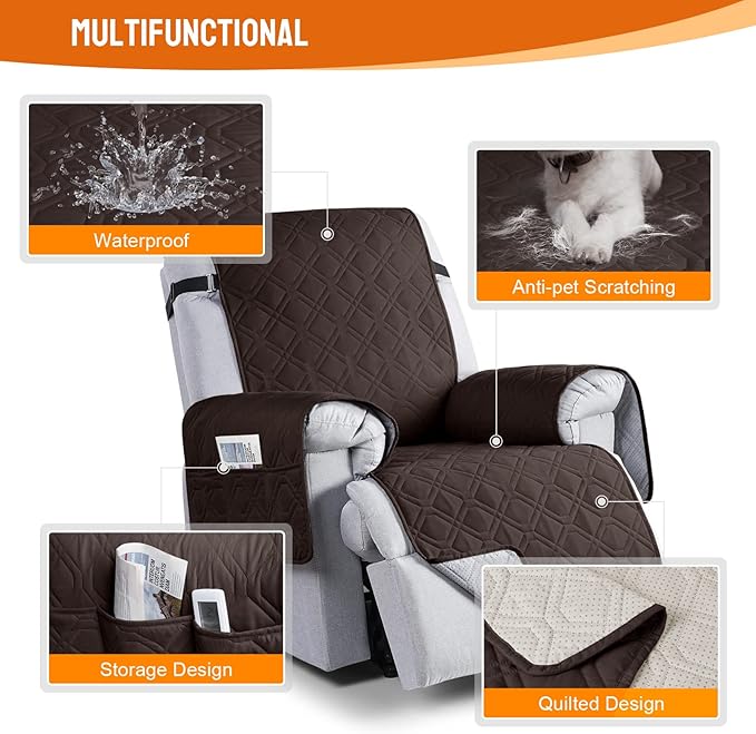 VANSOFY 100% Waterproof Recliner Chair Covers, Recliner Cover Non-Slip Dog Chair Cover Furniture Protector Washable Slipcover with Pocket, Elastic Straps for Pets, Dogs(Chocolate, 22")