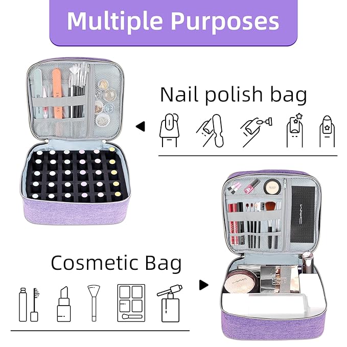 Nail Polish Organizer Holds 30 Bottles (15ml - 0.5 fl.oz) Double-layer Gel Nail Polish Kit Case, Nail Holder for Nail Lamp, Portable Nail Organizer and Storage for Nail Supplies (Purple)