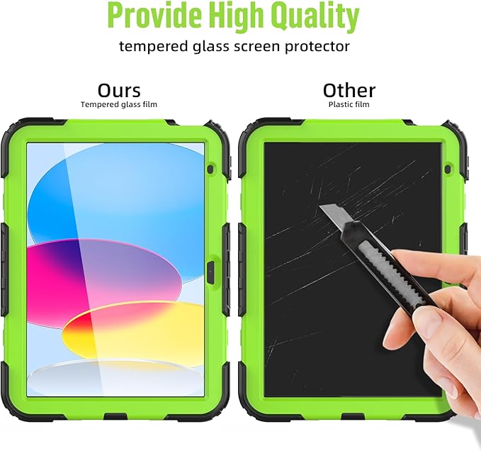 BLOSOMEET Case for iPad A16 11th/10th Generation 11''/10.9'' 2025/2022 with Tempered Glass Screen Protector & Pencil Holder, Rugged Military Grade Cover w/Stand Hand Shoulder Strap, Green