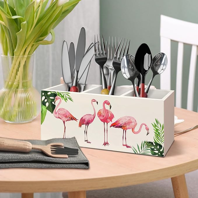 Tropical Pink Flamingo Wood Makeup Brush Toothbrush Holder Organizer for Vanity Bathroom,Pink Flamingo Gifts for Women,Girly Aesthetics Wooden Pen Pencil Holder for Desk Accessories