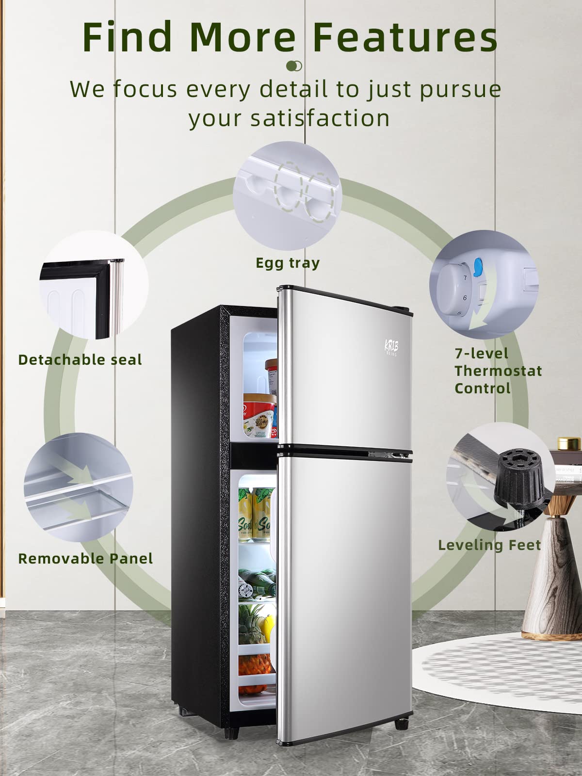 KRIB BLING 3.5 Cu.ft Refrigerators with Freezer, Fridge with 7 Level Temp Adjustable Thermostat, Fridge for Apartment, Office, Basement, Silver