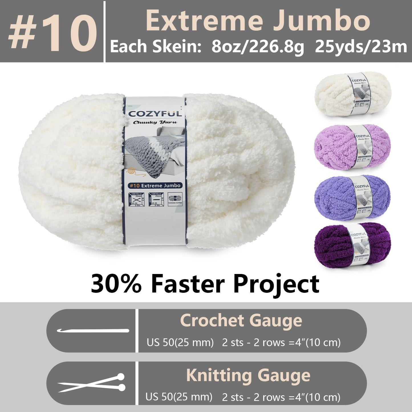 Cozyful Chunky Yarn for Hand Knitting - #10 Chunky Chenille Yarn, Jumbo Big Thick Chunky Yarns for Crocheting, Super Bulky Chunky Knit Blanket Yarns, 8 Skein (25yd, 8oz/Skein), Cream & Multi Purple