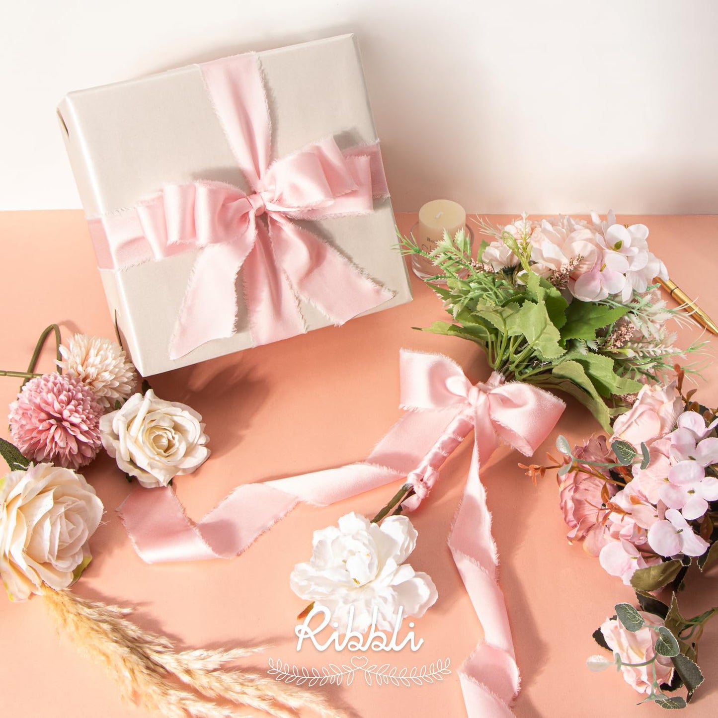 Ribbli Light Pink Silk Satin Ribbon 1.5 Inch x 30 Yard Handmade Frayed Chiffon Pink Ribbon for Gift Wrapping Wedding Invitations Bridal Bouquets Home Decor