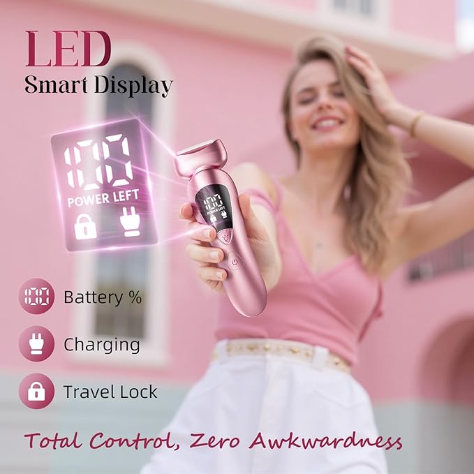 Cordless Electric Razors for Women: Rechargeable Painless Bikini Trimmer for Body Hair - IPX7 Waterproof Shaver with LED Display for Face/Underarm/Leg Light Pink Upgraded