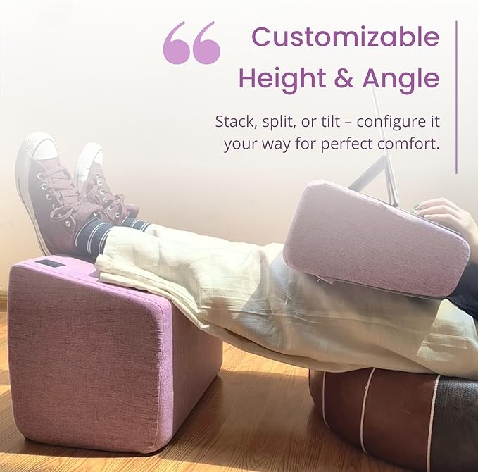 Purple Adjustable Foot Rest for Under Desk at Work – Ergonomic Linen Memory Foam Footrest Pillow with Breathable Washable Cover, DIY Height Adjustment for Office Chair, Gaming, Home & Travel Use