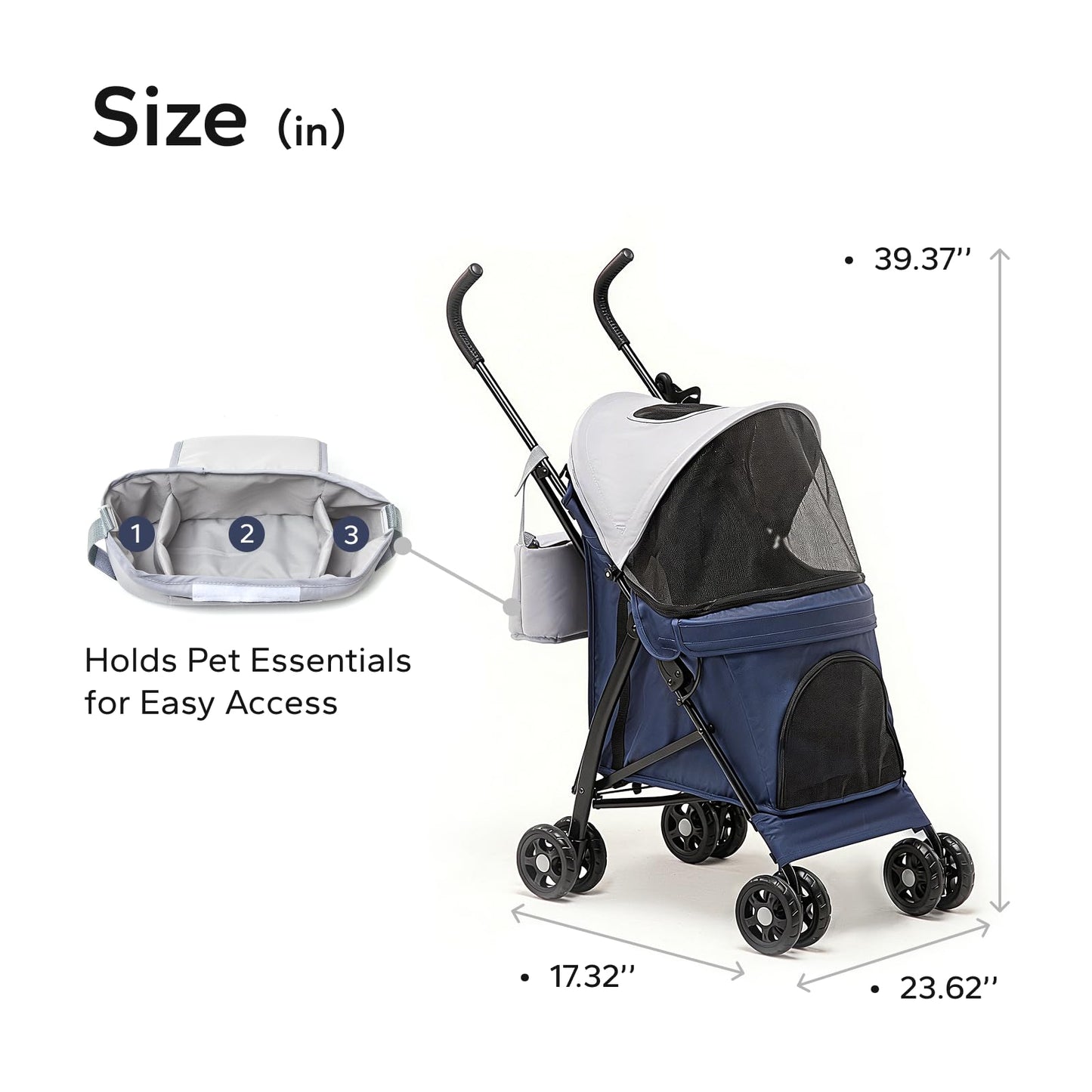 TerraPede Lightweight 10 lbs Foldable Pet Stroller for Small Dogs & Cats, Easy-Fold Compact, with Adjustable Sun Canopy, Cup Holder, Breathable Mesh, Pad & Storage Bag, Holds 33 lbs, Blue Gray