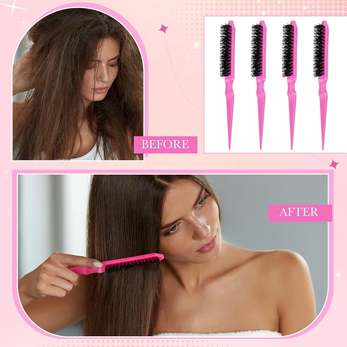 Yaomiao 6 Pcs Teasing Brush for Fine Hair Nylon Rat Tail Brush Set Women Three Row Salon Teasing Set for Back Combing, Root Hair Scalp Massage(Pink)