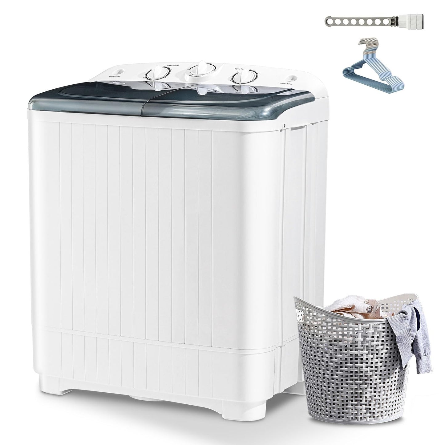 Sportpulse 22lbs Compact Mini Twin Tub Washing Machine with Drying Rack, 13lbs Portable Laundry Washer and 9lbs Spinner, Convenient and Efficient for Dorms, Apartment (Black, 22lbs)