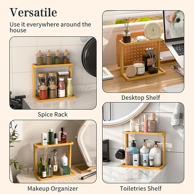 PEKER Bamboo Bathroom Organizer Countertop â Small Vanity Storage Shelf for Makeup, Perfume, Skincare â Natural Cosmetics Display Rack for Dresser, Sink, Kitchen â Natural
