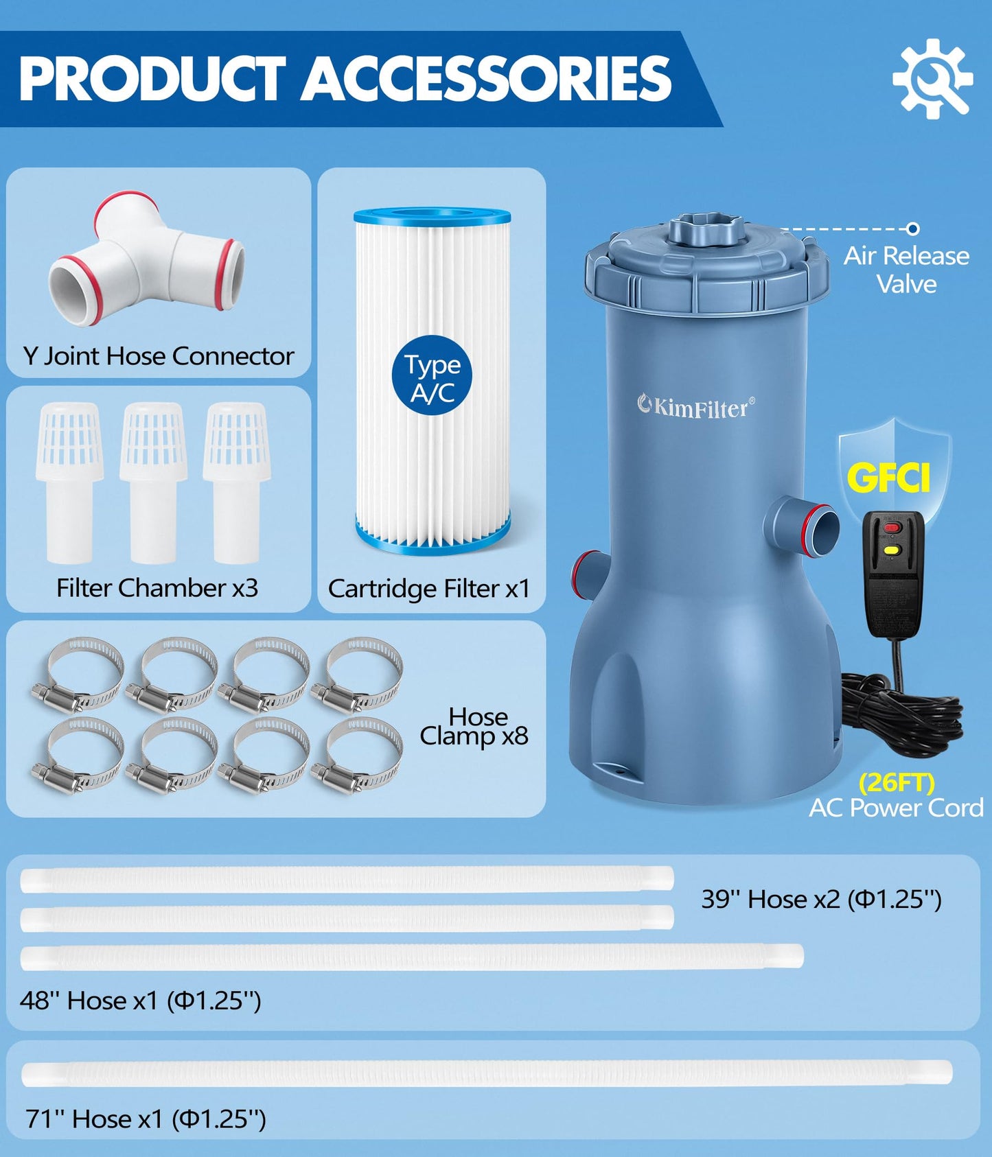 KimFilter Pro Series 1000 GPH Above Ground Pool Filter Pump, Powerful Pool Cartridge Filter Pump, Water Circulation and Filtration System -Improved Water Clean & Clarity, Pools Pumps Above Ground-Gray