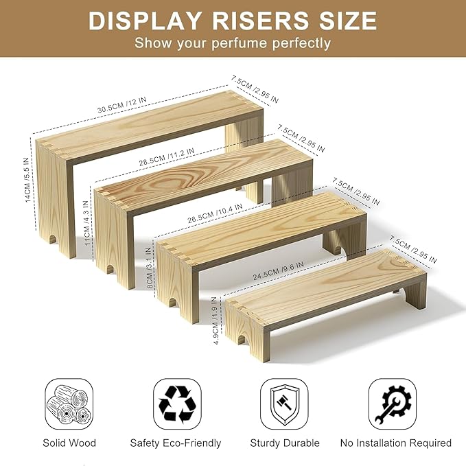 4 Set Large Wooden Tiered Riser Display Stands for Vendor Events,Stackable Perfume Organizer Cologne Stand for Men Women,Wooden Cupcake Dessert Stand,Wood Dessert Table Display Set,Food Display Risers for Party(12-11.2-10.4-9.6IN)