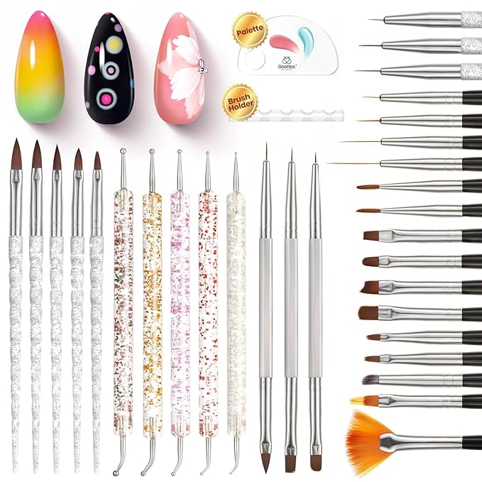 Beetles 31pcs Nail Art Brushes, Nail Art Pens, Dotting Tools, Dust Brush, Striping Liner Fingernail Drawing Pens with Palette Holder All in One for Starter Manicure Design Set