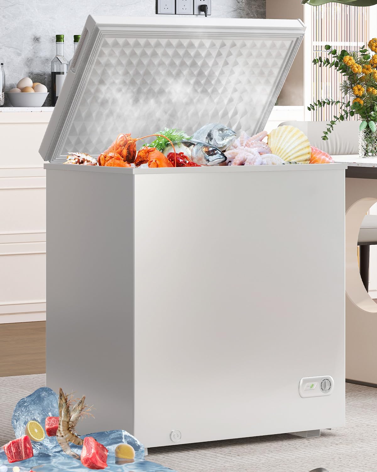 Muhub 7.0 Cubic Feet Chest Freezer, White Deep Freezer with Removable Baskets, Free Standing Top Open Door Compact Freezer with Adjustable Temperature (7.0 Cu.Ft)