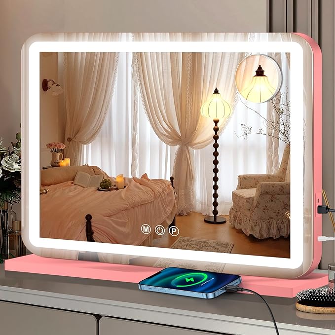 23"x18" Pink Vanity Mirror with Lights, Led Makeup Mirror, Lighted Makeup Mirror with 3 Color Dimmable Lights, Smart Touch Screen Control, Aluminum Metal Frame,USB Charging Port