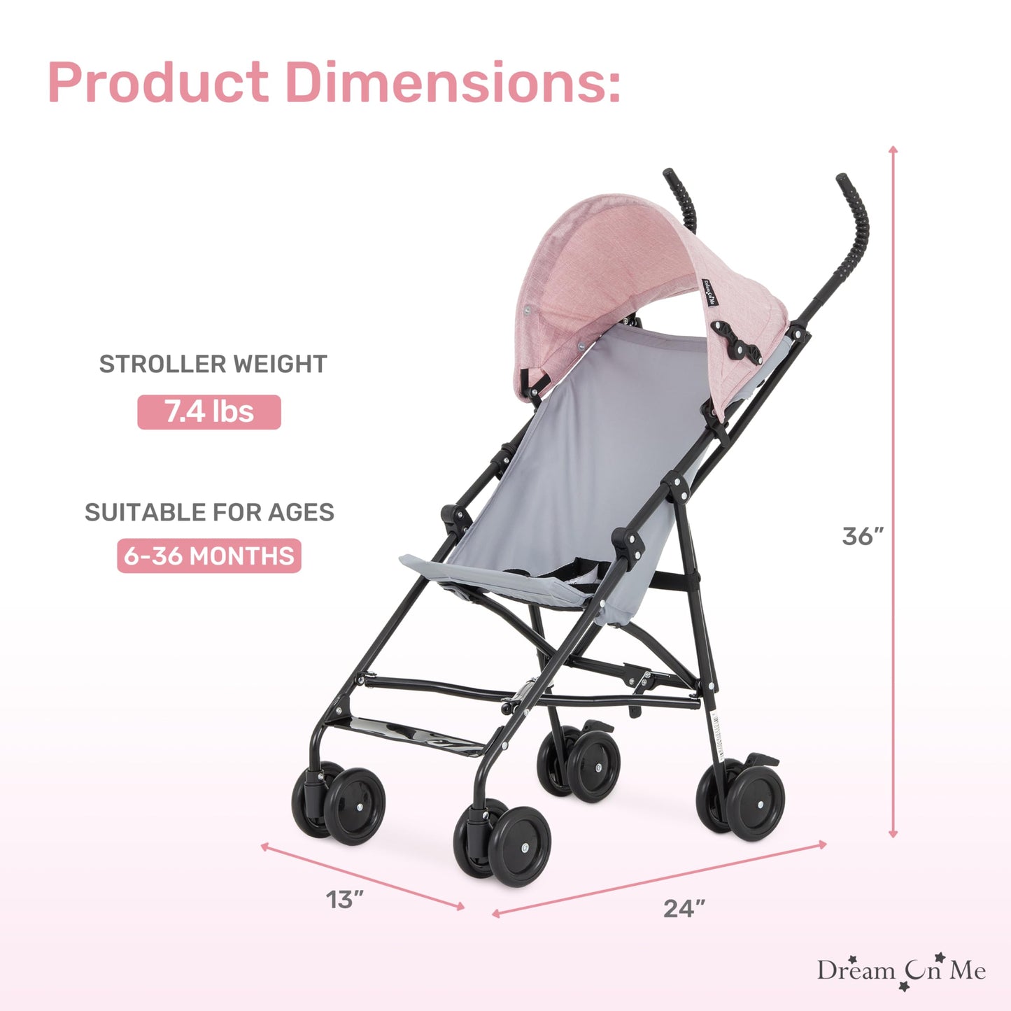 Dream On Me Aero Travel Umbrella Stroller, One-Hand Quick Fold, 3-Point Safety Harness, Dual Brakes, Adjustable Removable Canopy, Lightweight Compact & Space-Saving for Infants and Toddlers – Pink