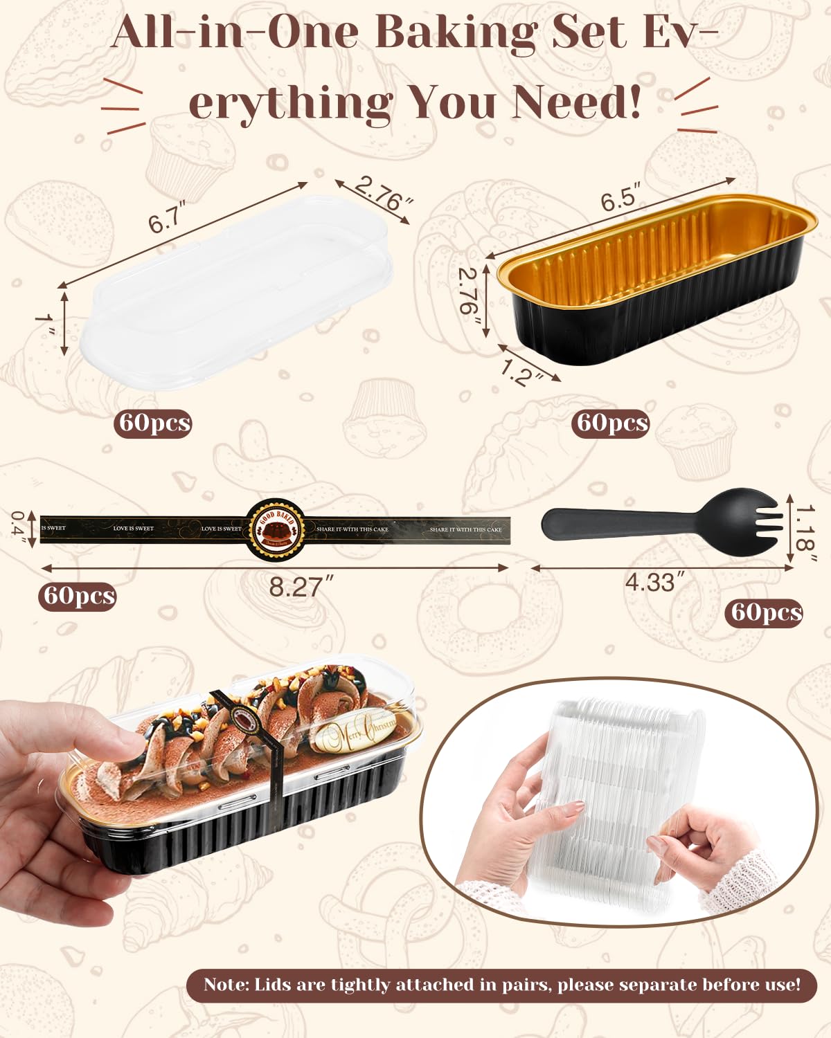 YQER 100 Pack Mini Loaf Pans with Lids, Spoons & Stickers โ Disposable Aluminum Foil Baking Cake Containers for Oven, Air Fryer & Freezer โ Ideal for Cakes, Bread, Pudding, Parties & Gifting, Black
