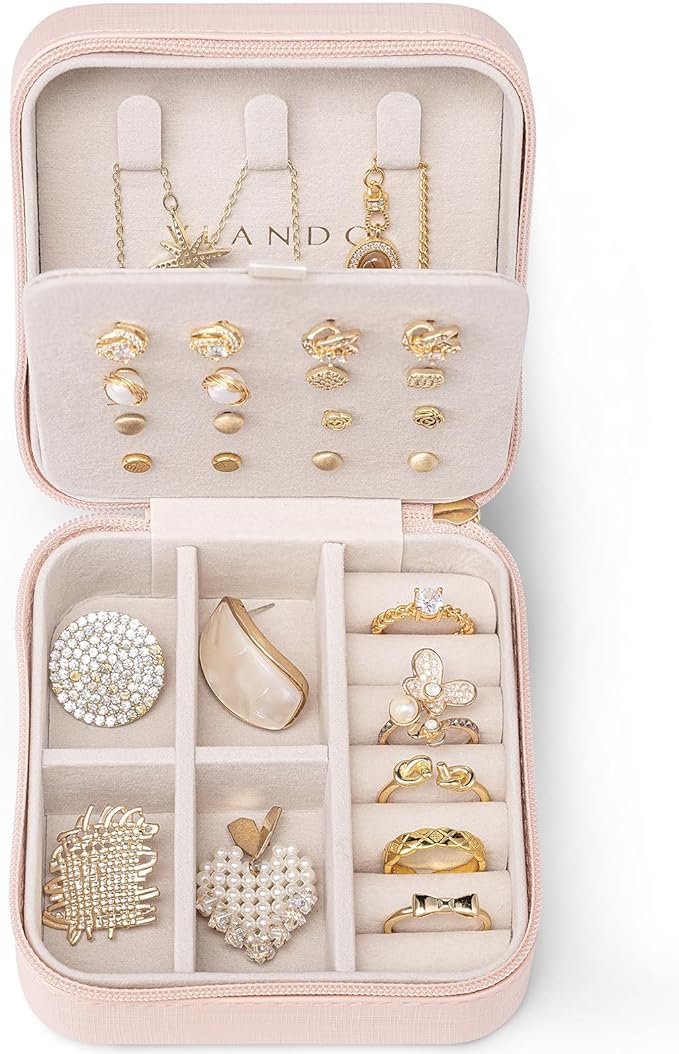 VLANDO Travel Jewelry Case, Small Travel Jewelry Organizer Box for Girls Women - Pink